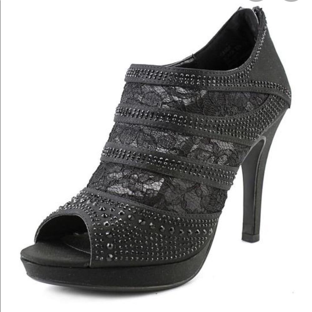 Coach and Four brand black heels. Lace, satin, and rhinestone detail. Size 6.